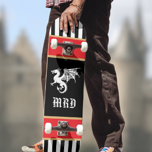 Dragon Black White Striped Monogram w Red Gold  Skateboard