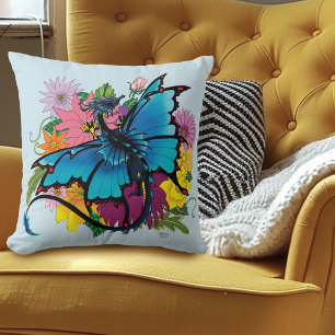 Dragon Blue Butterfly Flowers Cushion