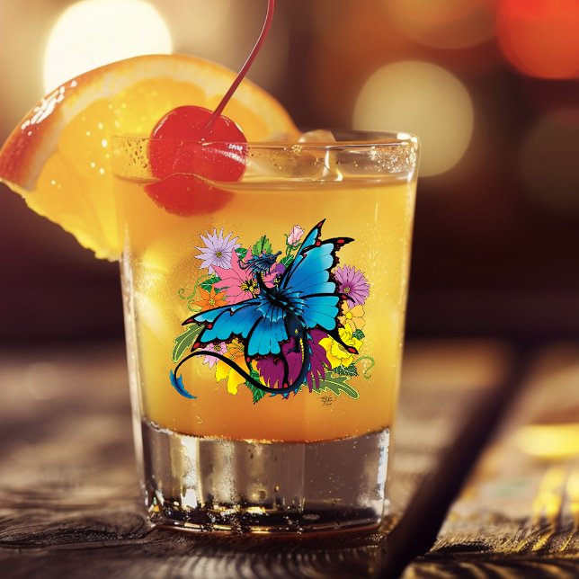 Dragon Blue Butterfly Flowers Shot Glass (Creator Uploaded)