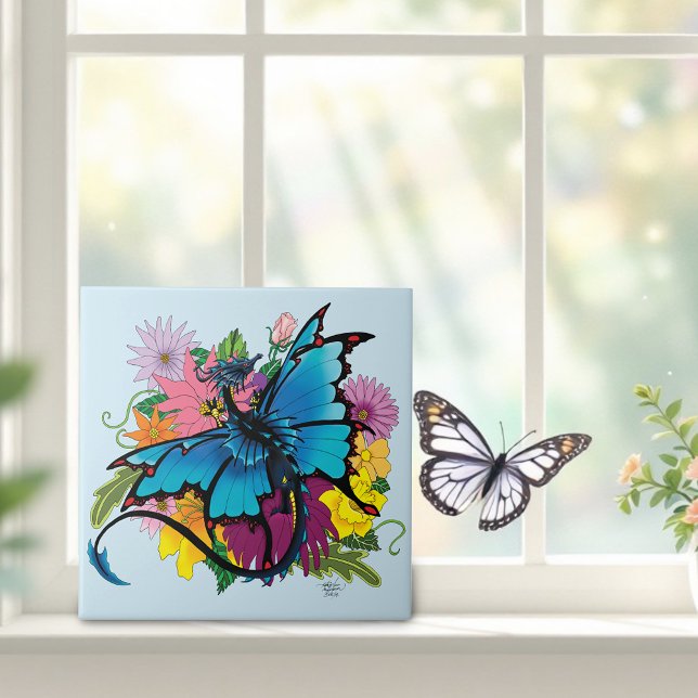 Dragon Blue Butterfly Flowers Tile (Creator Uploaded)