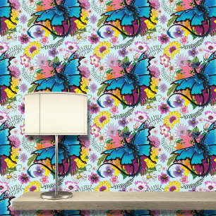 Dragon Blue Butterfly Flowers Wallpaper