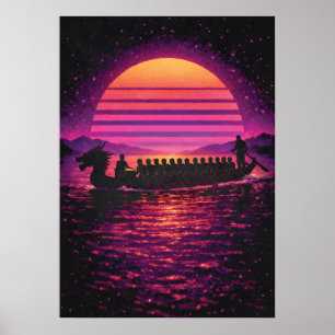Dragon Boat Race, Retro Synthwave Modern Paddling Poster