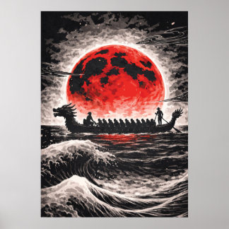 Dragon Boat Race Team Paddling In Red Moon Horizon Poster