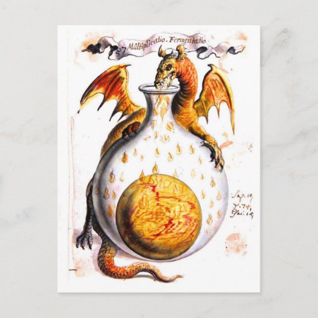 Dragon breathing fire into flask postcard (Front)