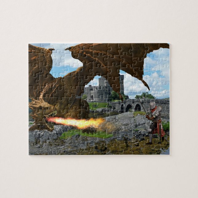 Dragon Breathing Fire Knight Battle Castle Jigsaw Puzzle (Horizontal)
