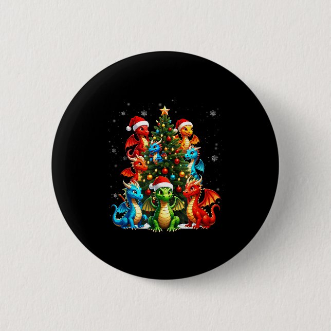 Dragon Christmas Tree Squad Santa Hat Fantasy Myth 6 Cm Round Badge (Front)