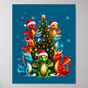 Dragon Christmas Tree Squad Santa Hat Fantasy Myth Poster