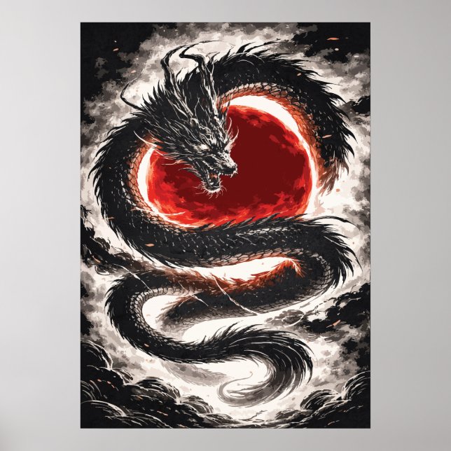 Dragon Coil over a Red Eclipse - Japanese Art Poster (Front)