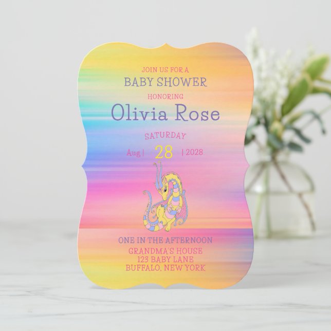 Dragon Colourful Gold Glitter Baby Shower  Invitation (Standing Front)