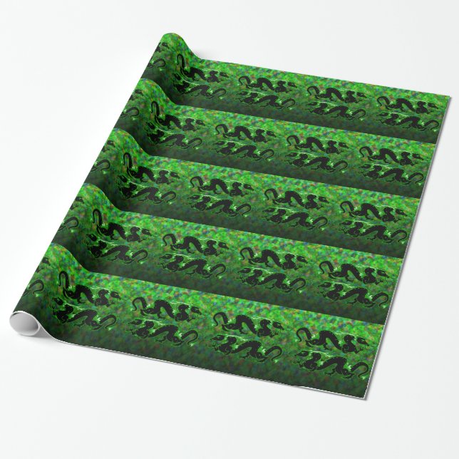 Dragon Dragon Black and Green Wrapping Paper (Unrolled)