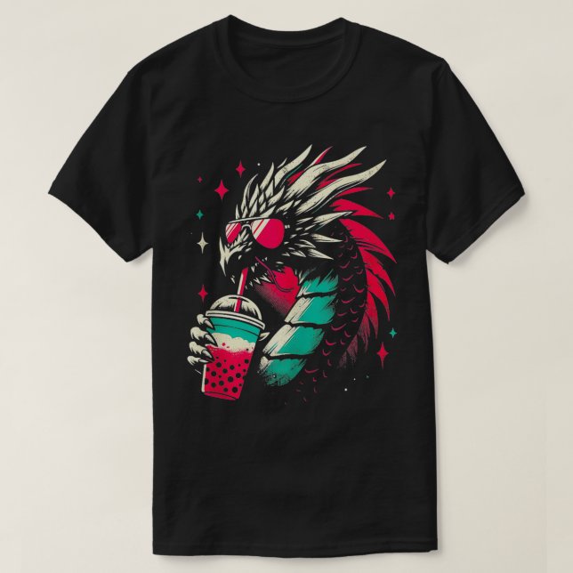 Dragon Drinking Boba Tea Retro Dragon With Bubble  T-Shirt (Design Front)