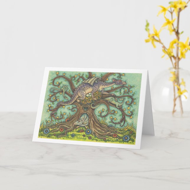 DRAGON EGGS, MEDIEVAL LAIR, FANTASY FOLK ART Blank Card (Yellow Flower)