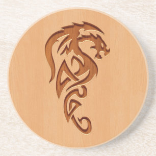 Dragon engraved on wood effect coaster
