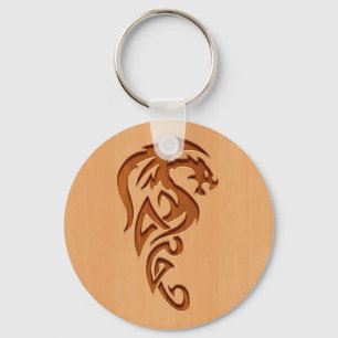 Dragon engraved on wood effect key ring