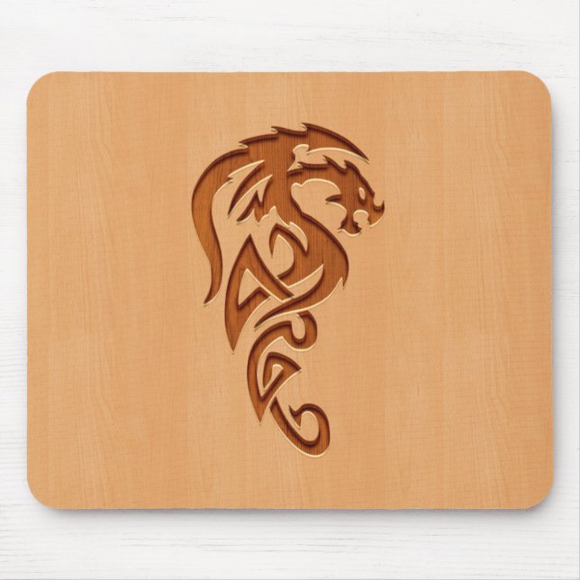 Dragon engraved on wood effect mouse pad (Front)