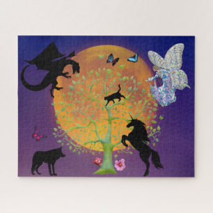 Dragon Fairy Unicorn Fantasy Tree and Full Moon Jigsaw Puzzle