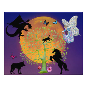 Dragon Fairy Unicorn Fantasy Tree and Full Moon Photo Print