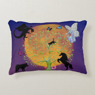 Dragon Fairy Unicorn Fantasy Tree and Full Moon  T Decorative Cushion