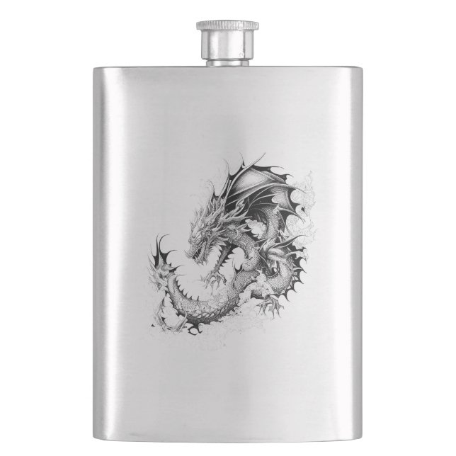 Dragon Fantasy Wild Animal Illustration Art Tattoo Hip Flask (Front)