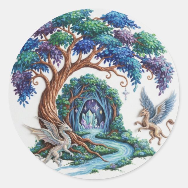 Dragon Flight Over the Waterfall Realm Classic Round Sticker (Front)