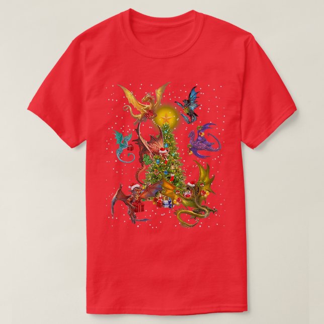 Dragon Fly Around Christmas Tree Dragons Xmas Love T-Shirt (Design Front)