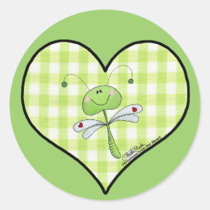 Dragon Fly in green gingham heart Classic Round Sticker