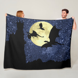 Dragon flying, Midnight sky cliff castle,full moon Fleece Blanket