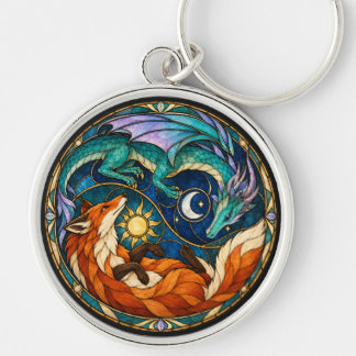 Dragon Fox Celestial Stained Glass Key Ring