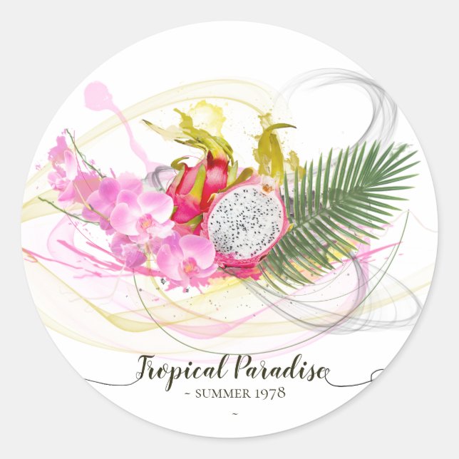 Dragon Fruit and Pink Orchid Tropical Calligraphy Classic Round Sticker (Front)