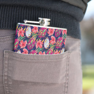 Dragon Fruit Tropical Floral Modern Green Palm Hip Flask