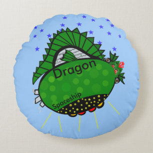 Dragon Green Spaceship Stars Kids Round Cushion