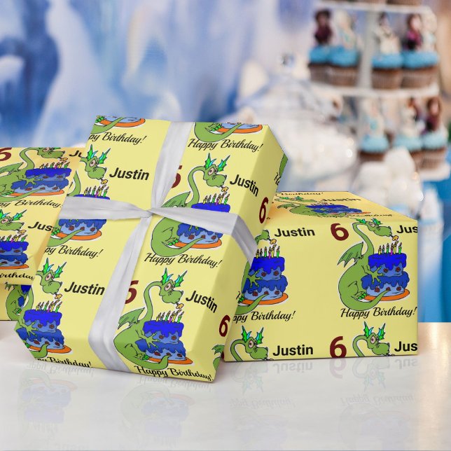Dragon Happy Birthday Boy's Personalise Name Gift Wrapping Paper (Creator Uploaded)