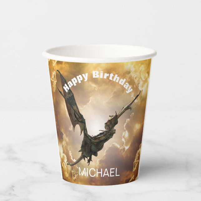 Dragon Happy Birthday name Monogram Fantasy  Paper Cups (Front)