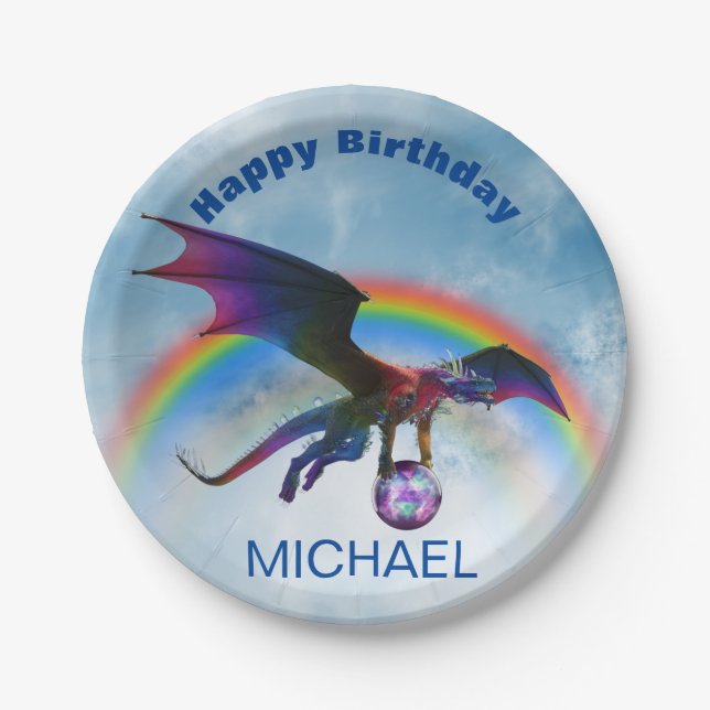 Dragon Happy Birthday name Rainbow Fantasy P Paper Plate (Front)