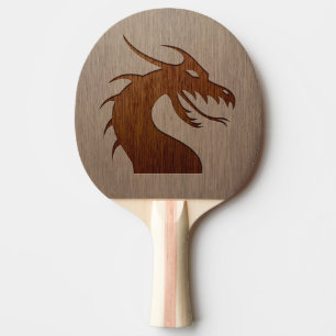 Dragon head engraved on wood effect ping pong paddle