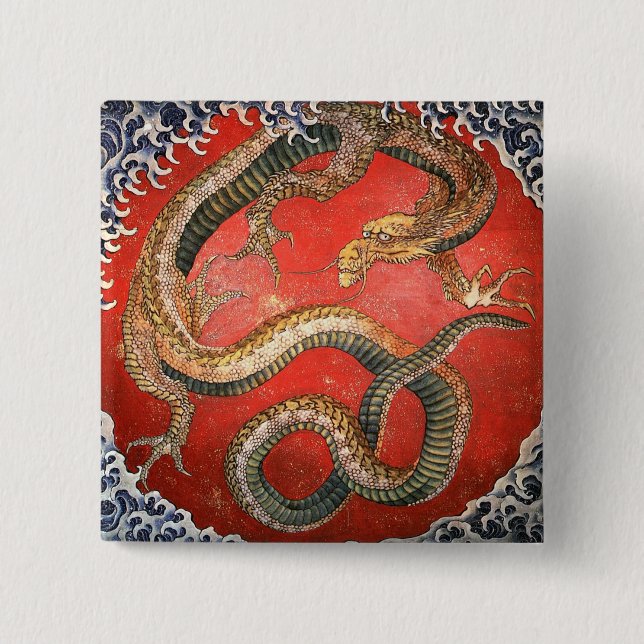 Dragon, Hokusai Japanese Fine Art 15 Cm Square Badge (Front)