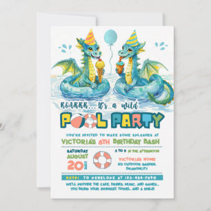 Dragon Ice Cream Pool Party Birthday Invitation