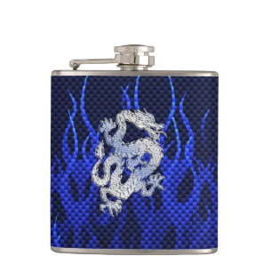 Dragon in Chrome like blue Carbon Fibre Styles Hip Flask