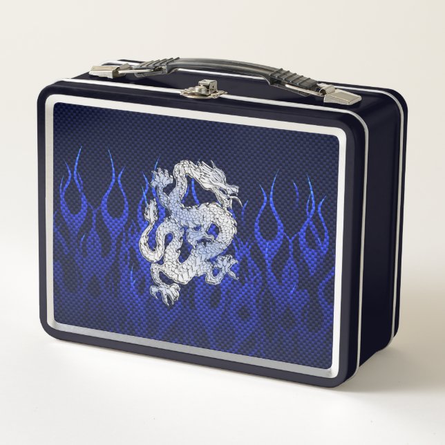 Dragon in Chrome like blue Carbon Fibre Styles Metal Lunch Box (Front)