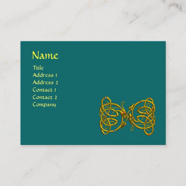 DRAGON LOVE / Gold Celtic Knot Dragons Green Business Card (Front)