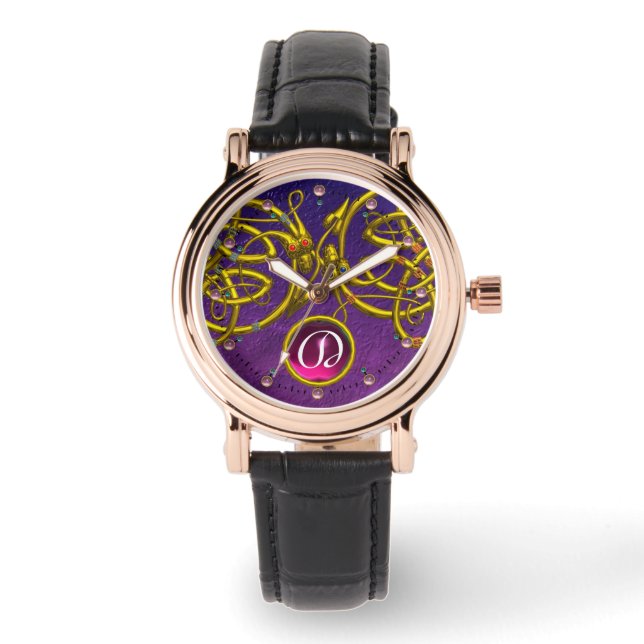 DRAGON LOVE/ GOLD CELTIC KNOTS GEMSTONE MONOGRAM WATCH (Front)