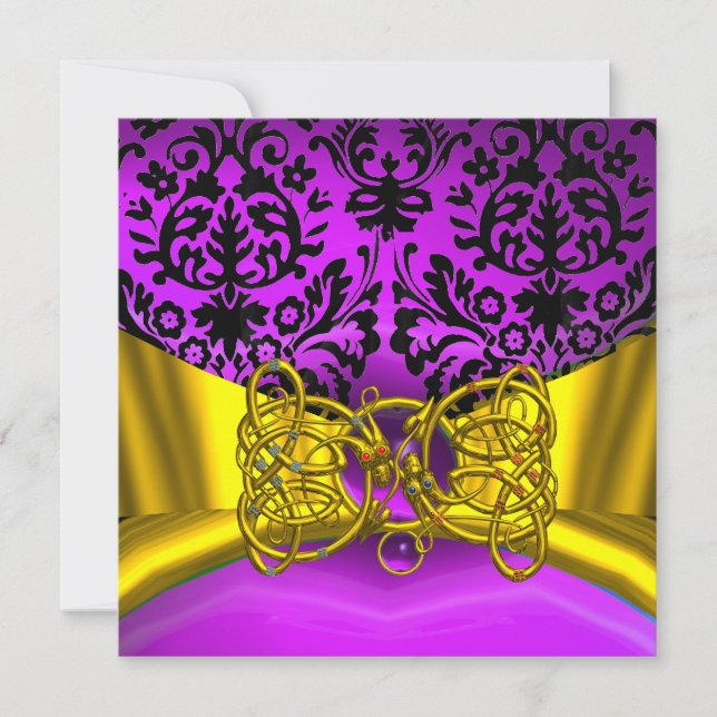 DRAGON LOVE GOLD PURPLE BLACK DAMASK MONOGRAM INVITATION (Front)