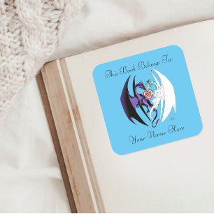 Dragon Love Heart Blue Bookplate Square Sticker