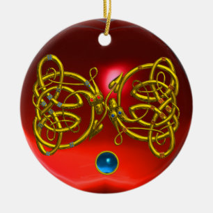 DRAGON LOVE HEART Red Ruby and Blue Sapphire Ceramic Tree Decoration
