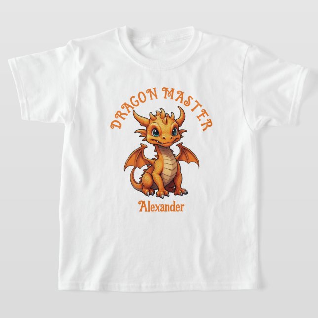 Dragon Master Cute Orange Dragon Personalise T-Shirt (Laydown)