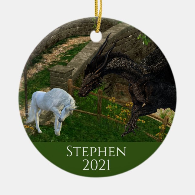 Dragon Meets Unicorn Fantasy Ceramic Tree Decoration (Front)