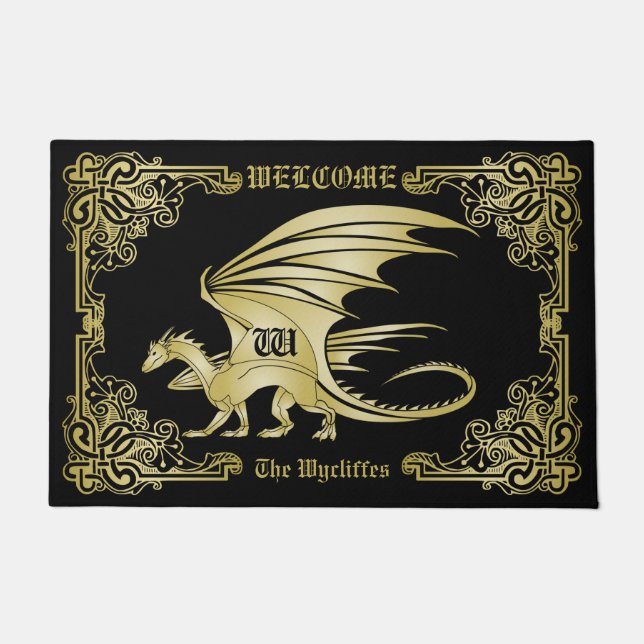 Dragon Monogram Gold Frame Traditional Book Cover Doormat (Front)