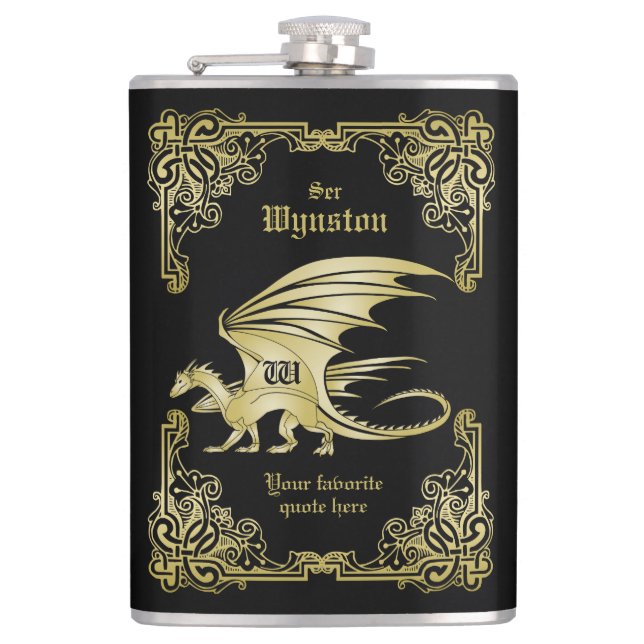 Dragon Monogram Gold Frame Traditional Book Cover Hip Flask (Front)