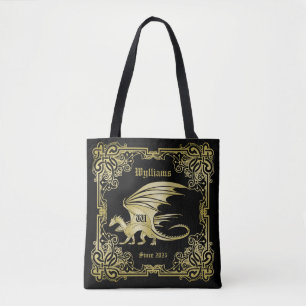Dragon Monogram Gold Frame Traditional Book Cover Tote Bag
