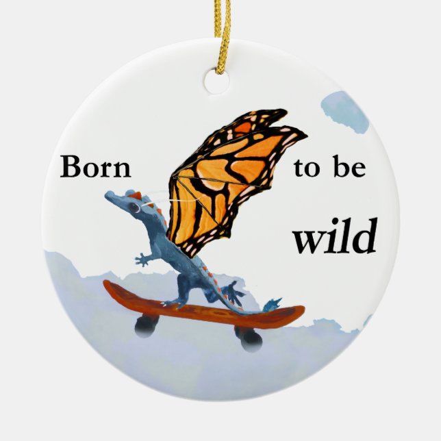 Dragon on Skateboard Ceramic Tree Decoration (Front)